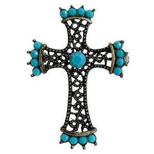 Vintage Silver Metal Filigree Cross Brooch With Turquoise Glass